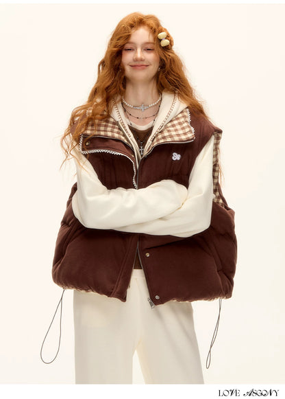 ASGONY - Reversible Plaid Lace-Trim Quilted Vest (Brown / Gray)