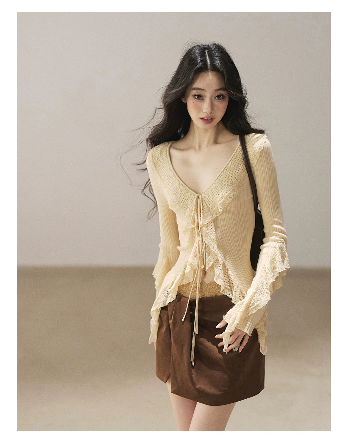 AOMALM - "The Gap of Light" Cheese Yellow Korean Ruffle Lace-Trim Knit Cardigan