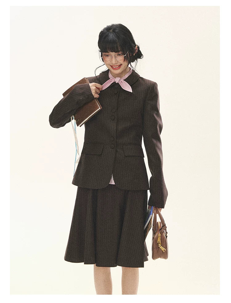 "Academy Memoir" Chocolate Brown Stripe Blazer & Pleated Skirt Set