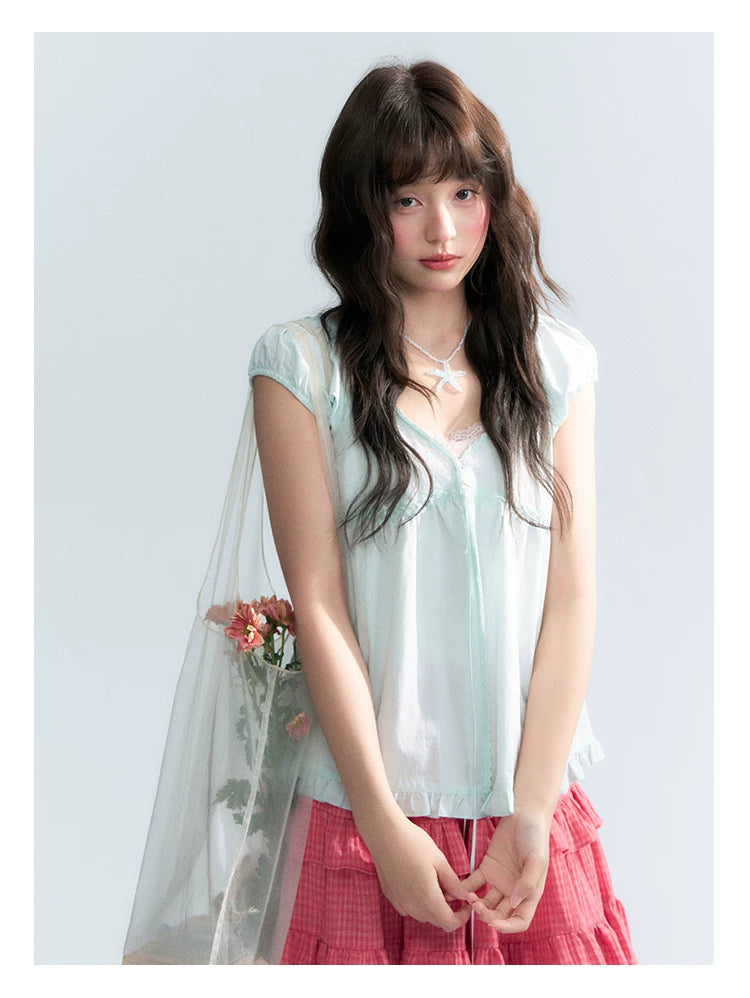 "Mint Morning Glow" Mint Green Lace Tie-Front Cardigan Blouse