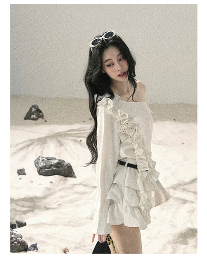 "Petals of Early Summer" Mist White Ruffle One-Shoulder Cake Dress (With Belt) 58648
