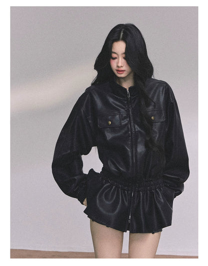 AOMALM - Burgundy PU Suede Jacket & A-Line Shorts Set