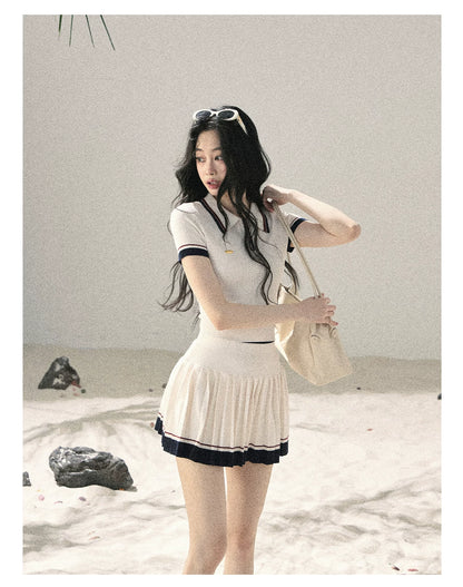 "Moonlight in Pieces" Cloud White Ribbed Knit Top & Pleated Mini Skirt Two-Piece Set