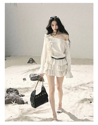 "Petals of Early Summer" Mist White Ruffle One-Shoulder Cake Dress (With Belt) 58648