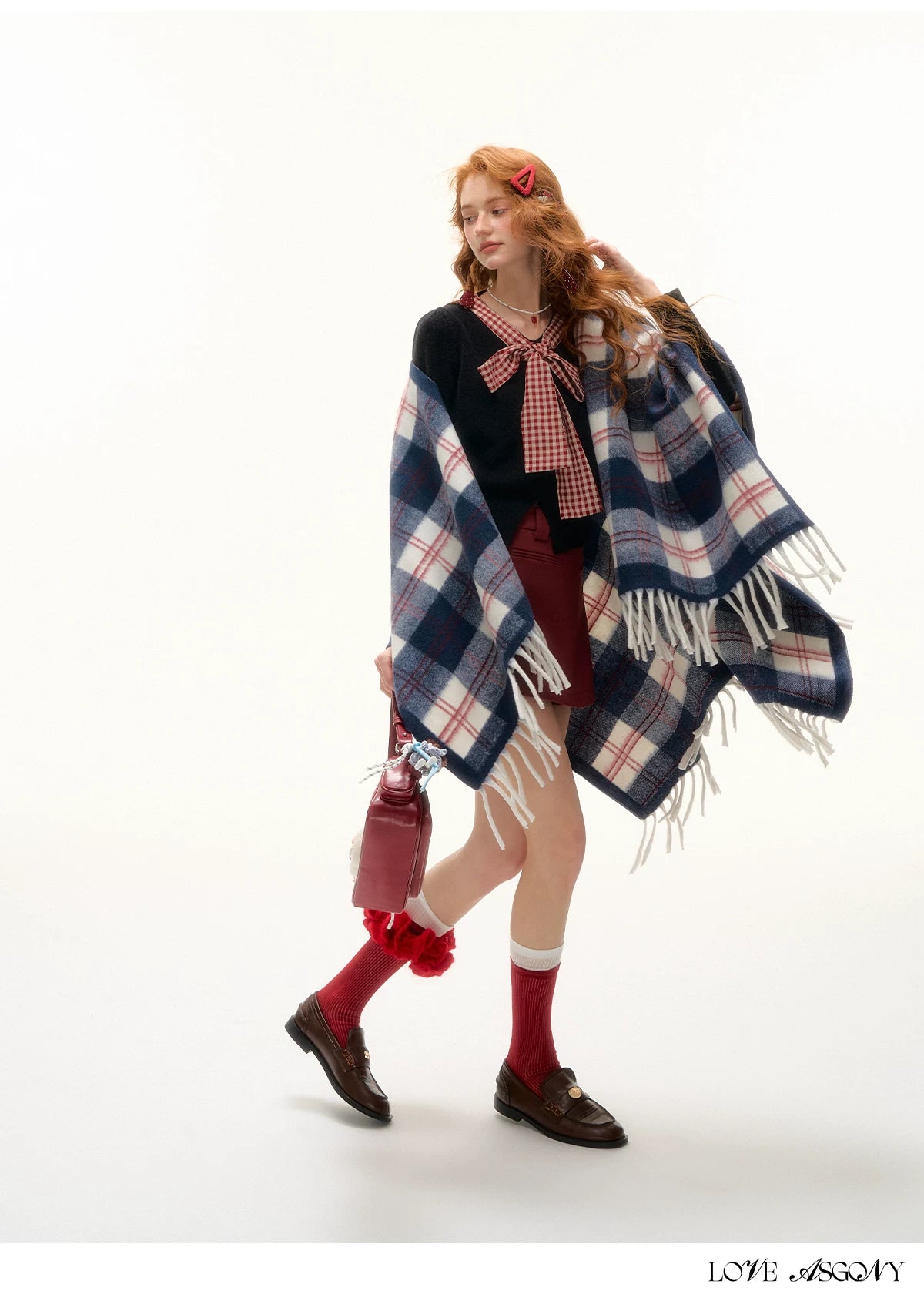 ASGONY - Navy Plaid Fringe Wrap Scarf