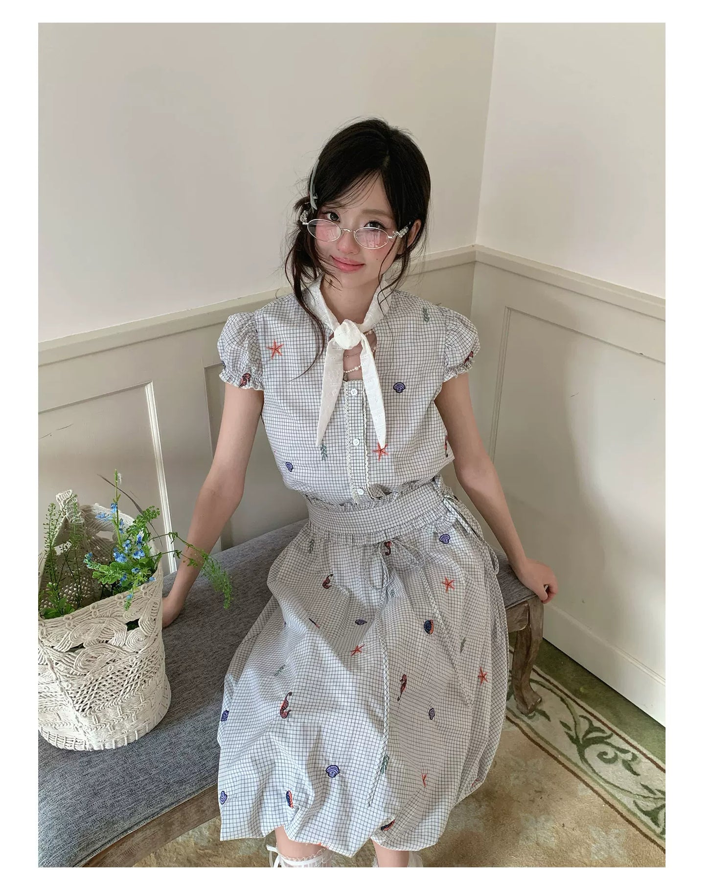 “Seaside Plaid Isle” Ocean Plaid Bubble Hem Dress