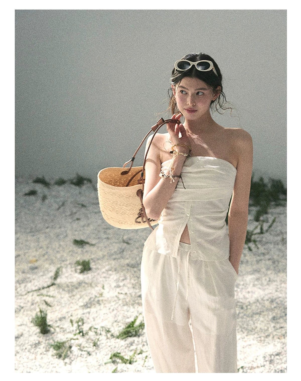 “Breath Across the Shoulders” Natural Beige Layered Bustier Top & Wide-Leg Trousers