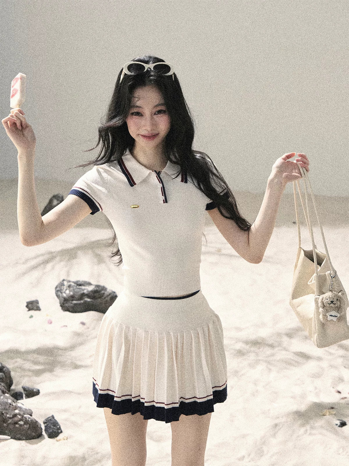 "Moonlight in Pieces" Cloud White Ribbed Knit Top & Pleated Mini Skirt Two-Piece Set