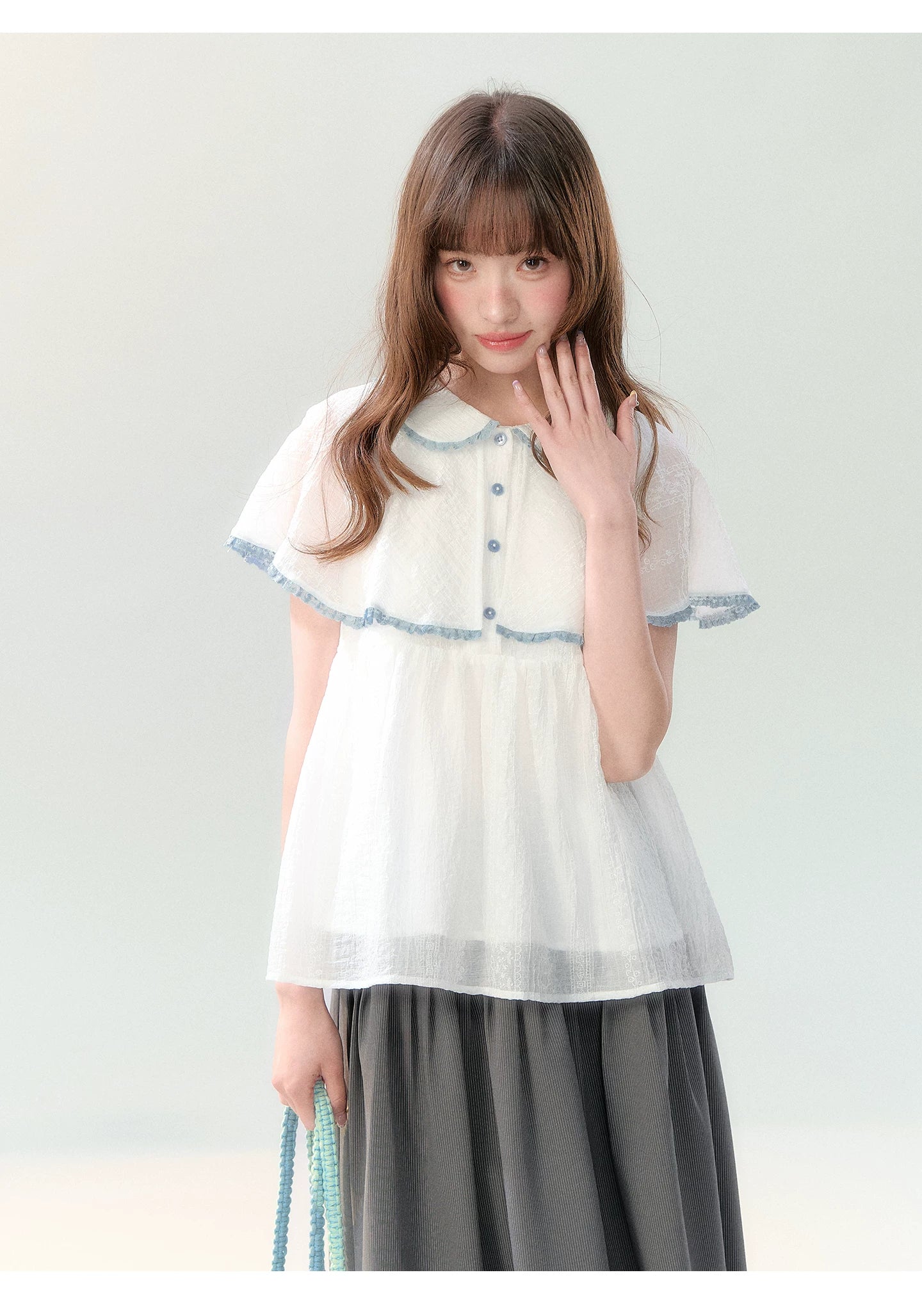 "Cloudside Letter" White Cape Collar Babydoll Blouse LL2026218