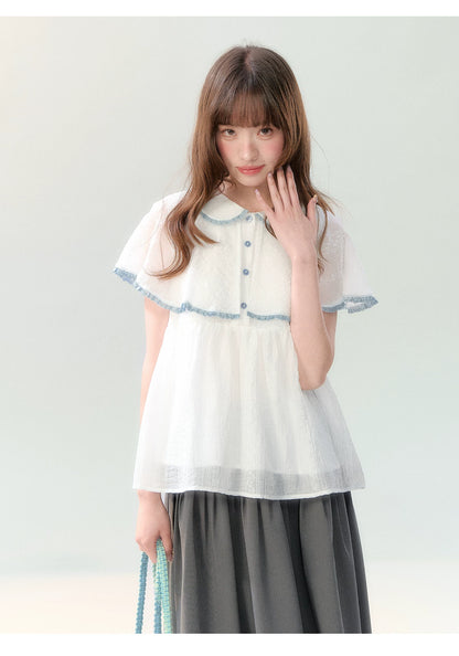 "Cloudside Letter" White Cape Collar Babydoll Blouse LL2026218