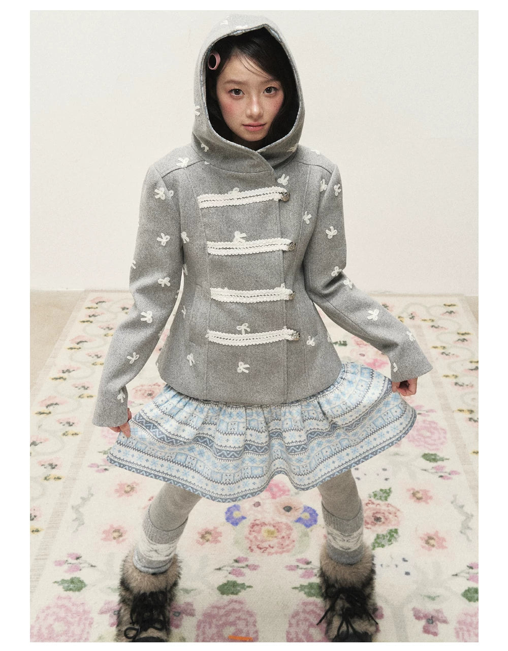 [RF] Heather Gray Vintage Jacquard Hooded Jacket with Frost Mist Blue Details