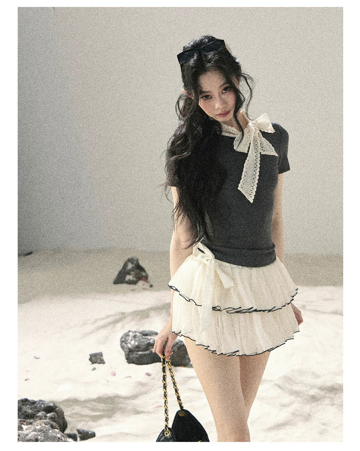 "Shadows & Soft Clouds" Slate Gray Bow Accent Crop Top