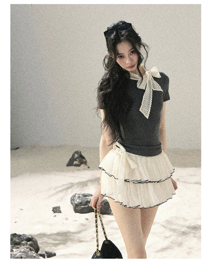 "Shadows & Soft Clouds" Slate Gray Bow Accent Crop Top