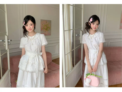“Midsummer Blossom Letter” White Floral Cake Skirt Set
