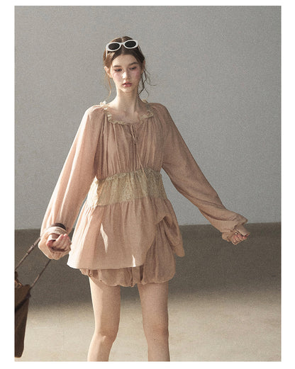 170726 "Ripples of Autumn" Milk Tea Lace Blouse & Bubble Shorts Set