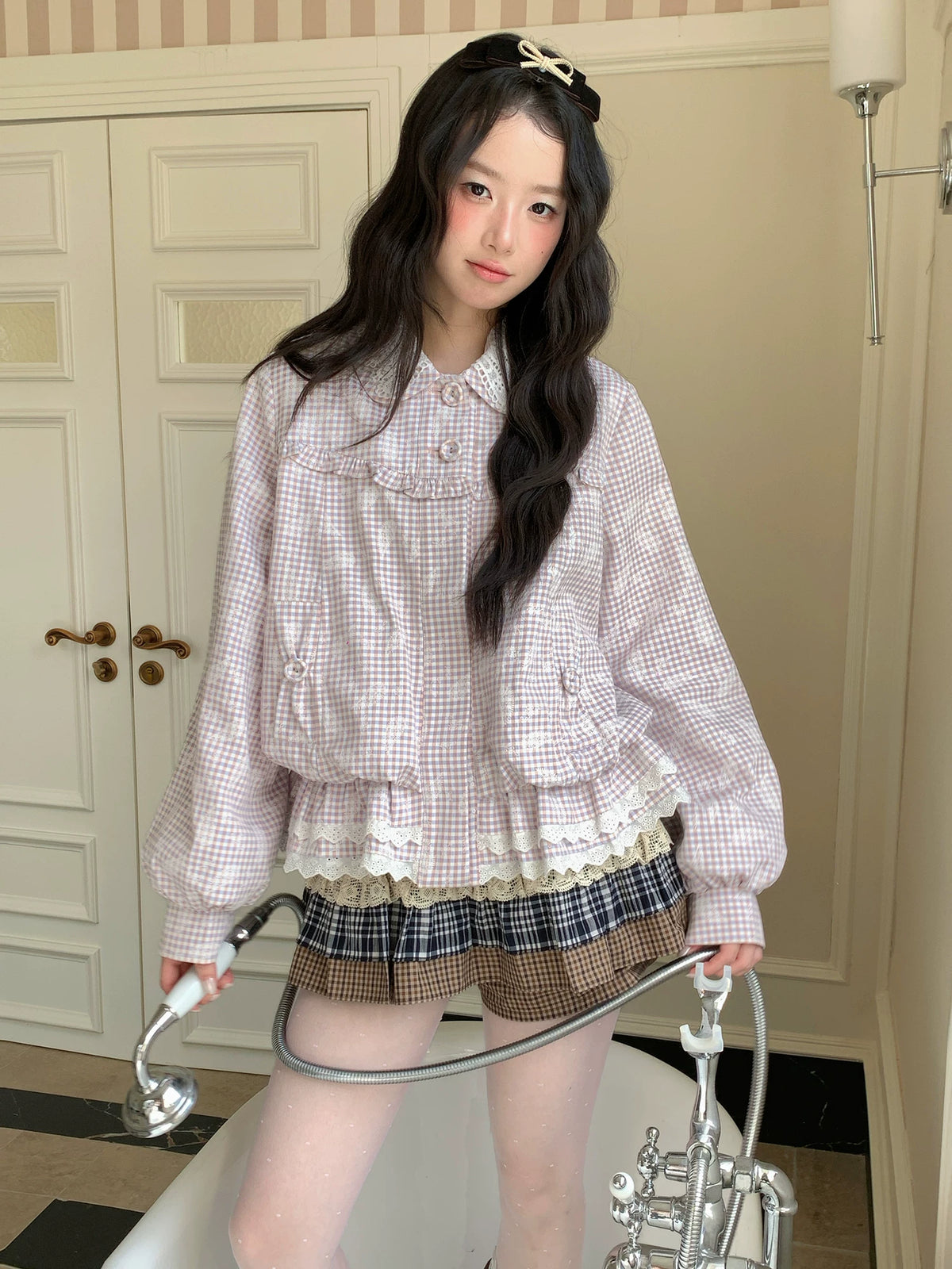 [RF] “Cream Garden Reverie” Light Purple Plaid Ruffle Lace-Trim Jacket