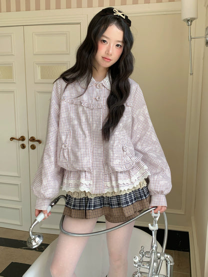 [RF] “Cream Garden Reverie” Light Purple Plaid Ruffle Lace-Trim Jacket