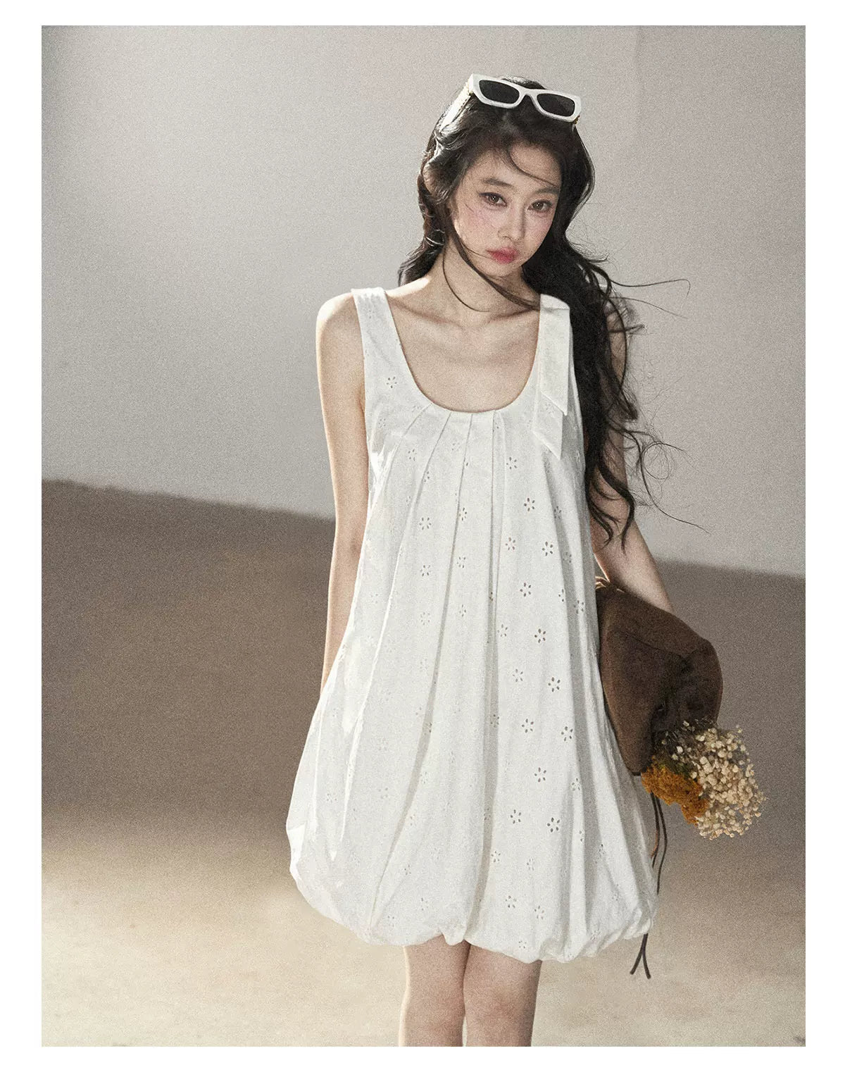AOMALM - One-Shoulder Bow Dress with Cutout Embroidery Detail