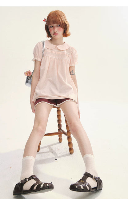 "Sweet Silhouette" Plaid Lace Trim Puff Sleeve Peter Pan Collar Blouse (Red Blue / Red White)