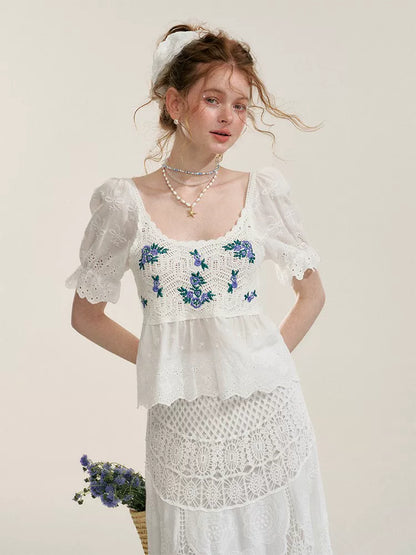 White Floral Embroidery Crochet-Detail Blouse