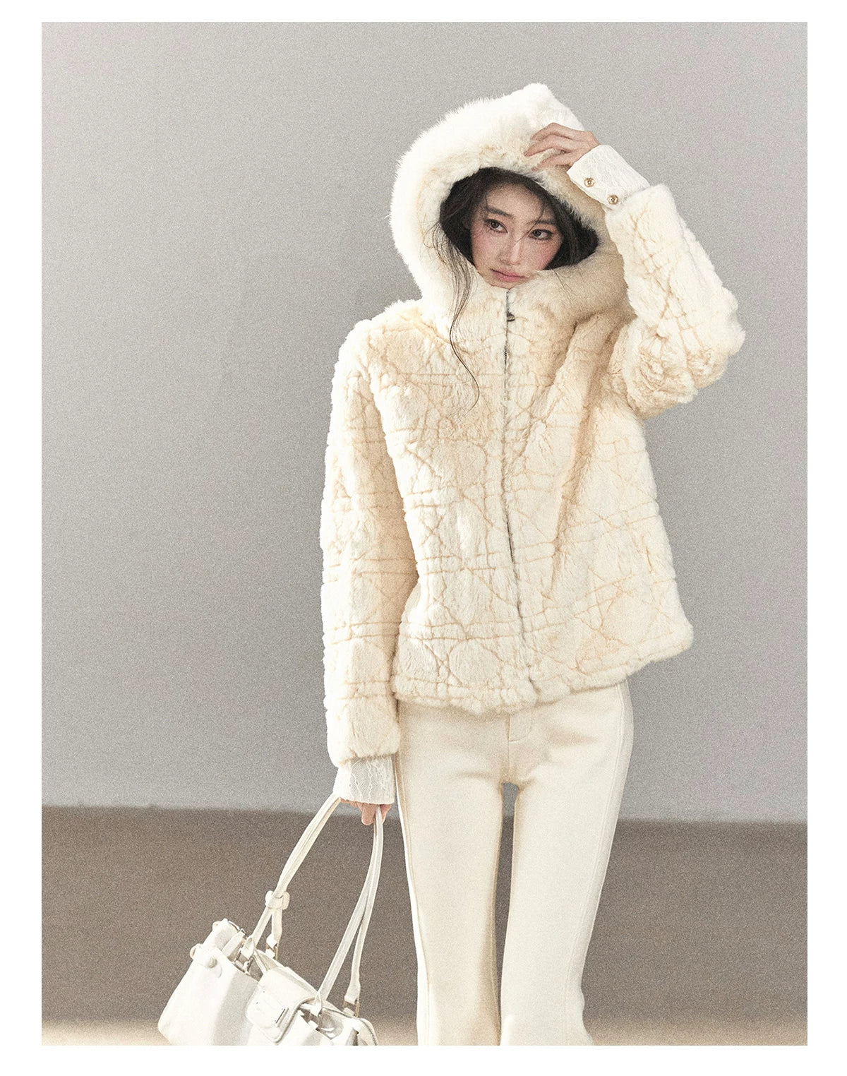 AOMALM - Cloud White Rabbit Fur Cropped Coat