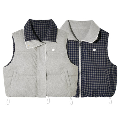 ASGONY - Reversible Plaid Lace-Trim Quilted Vest (Brown / Gray)