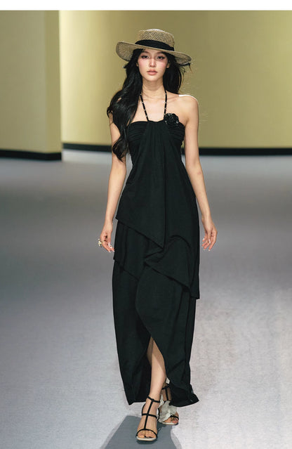 "Moonlit Reverie" Halter Layered Maxi Dress (Black/ Blush Pink)