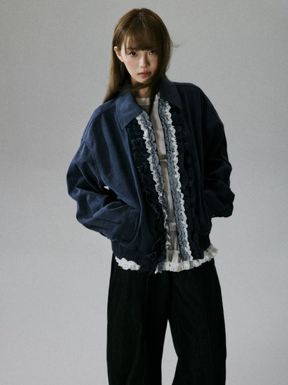 LOST FOREST - Navy Ruffle-Trim Cotton Jacket