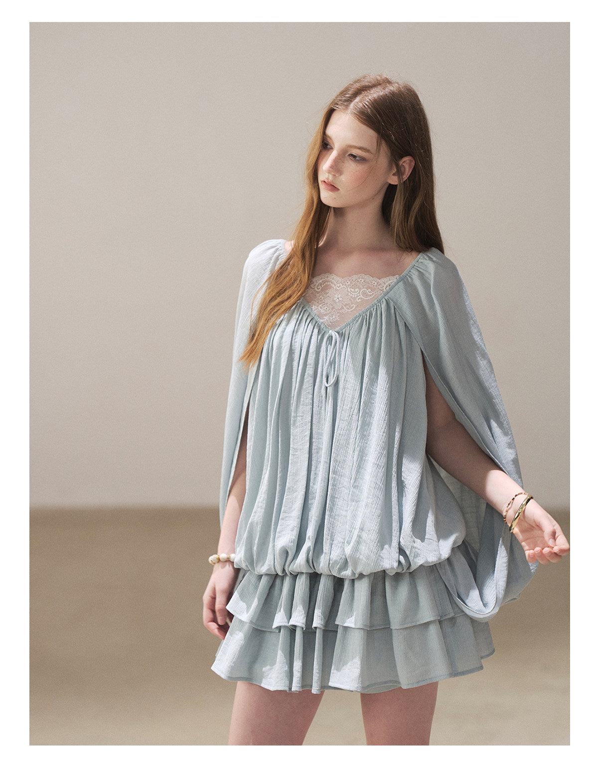 170726 "Falling Into Jacaranda Dreams" Misty Blue Lace Bubble Mini Dress with Shorts