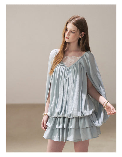 170726 "Falling Into Jacaranda Dreams" Misty Blue Lace Bubble Mini Dress with Shorts