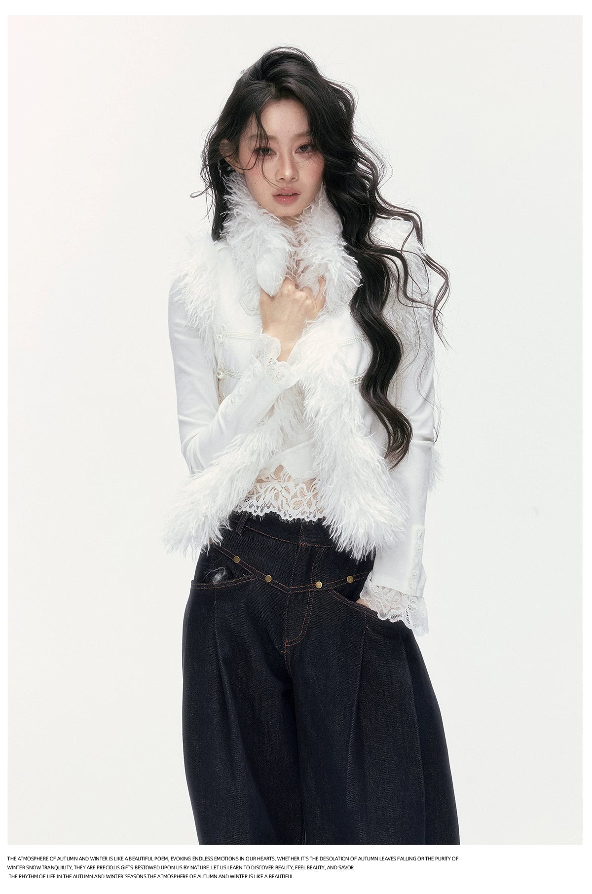24olvides - Faux Suede Faux Shearling Vest with Pearl Buttons (White / Brown)