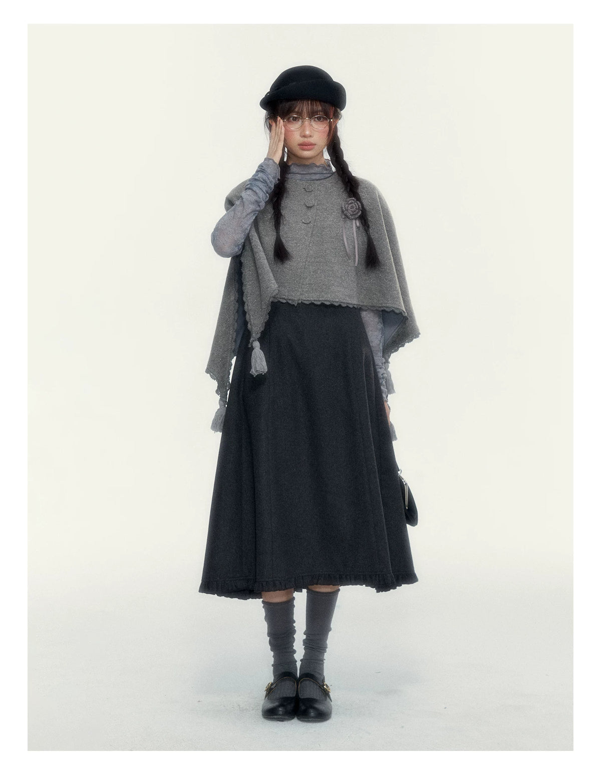 Vintage Double-Breasted Wool Dress & Knit Fringe Cape Set