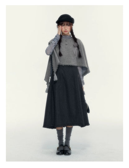 Vintage Double-Breasted Wool Dress & Knit Fringe Cape Set
