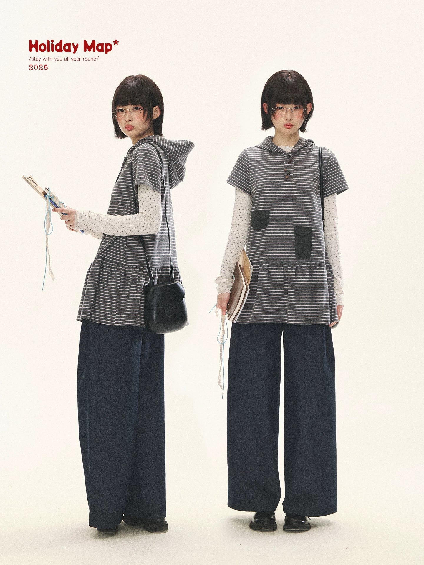 "Seoul Diary" Gray & Pink Stripe Hooded Knit Mini Dress