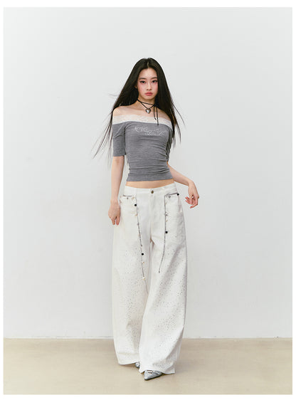 VIAPITTI - Statement Rhinestone Wide-Leg Jeans (White/ Blue)