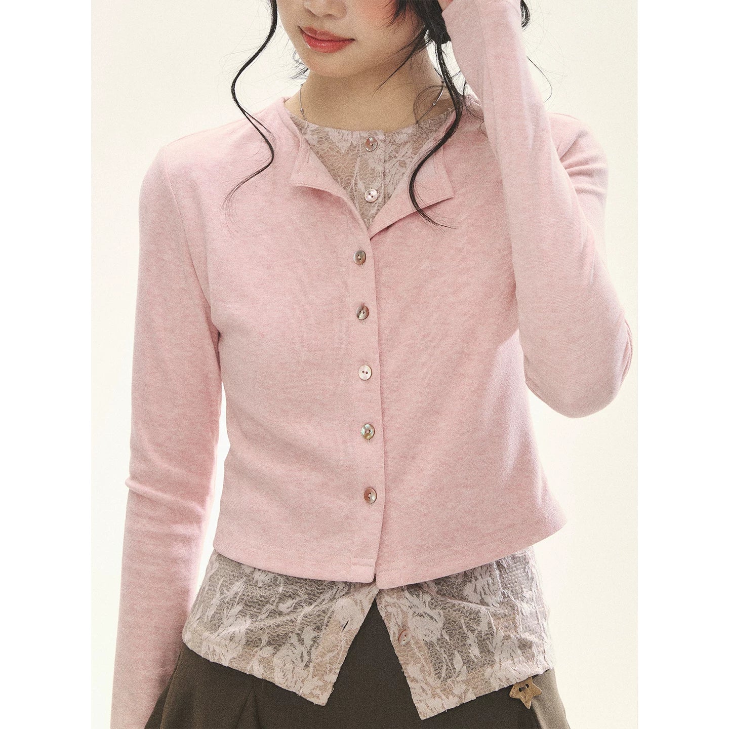 "Layered Blossom" Faux-Layer Knit Cardigan (Sakura Pink/ Heather Gray)