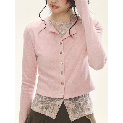 "Layered Blossom" Faux-Layer Knit Cardigan (Sakura Pink/ Heather Gray)