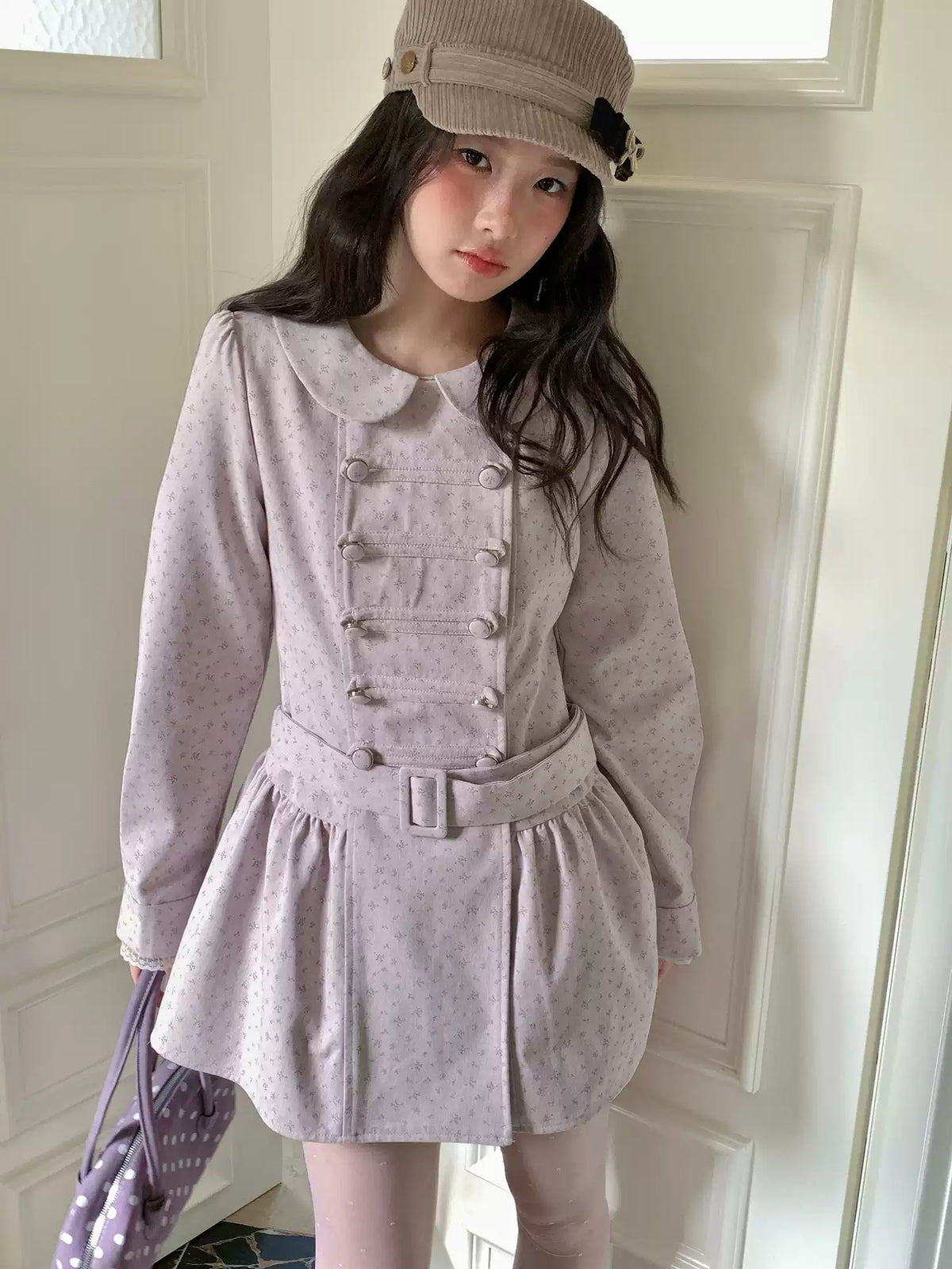 [RF] “Taro Cloud” Pink Double-Breasted Waist-Defined Cape Coat