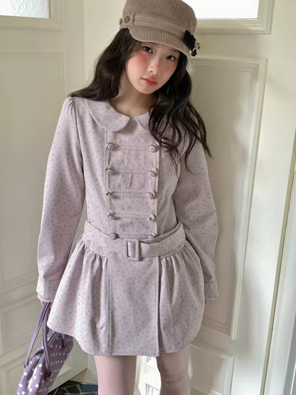 [RF] “Taro Cloud” Pink Double-Breasted Waist-Defined Cape Coat