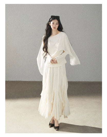 AOMALM - Layered Chiffon Shawl Top with Floral Detail