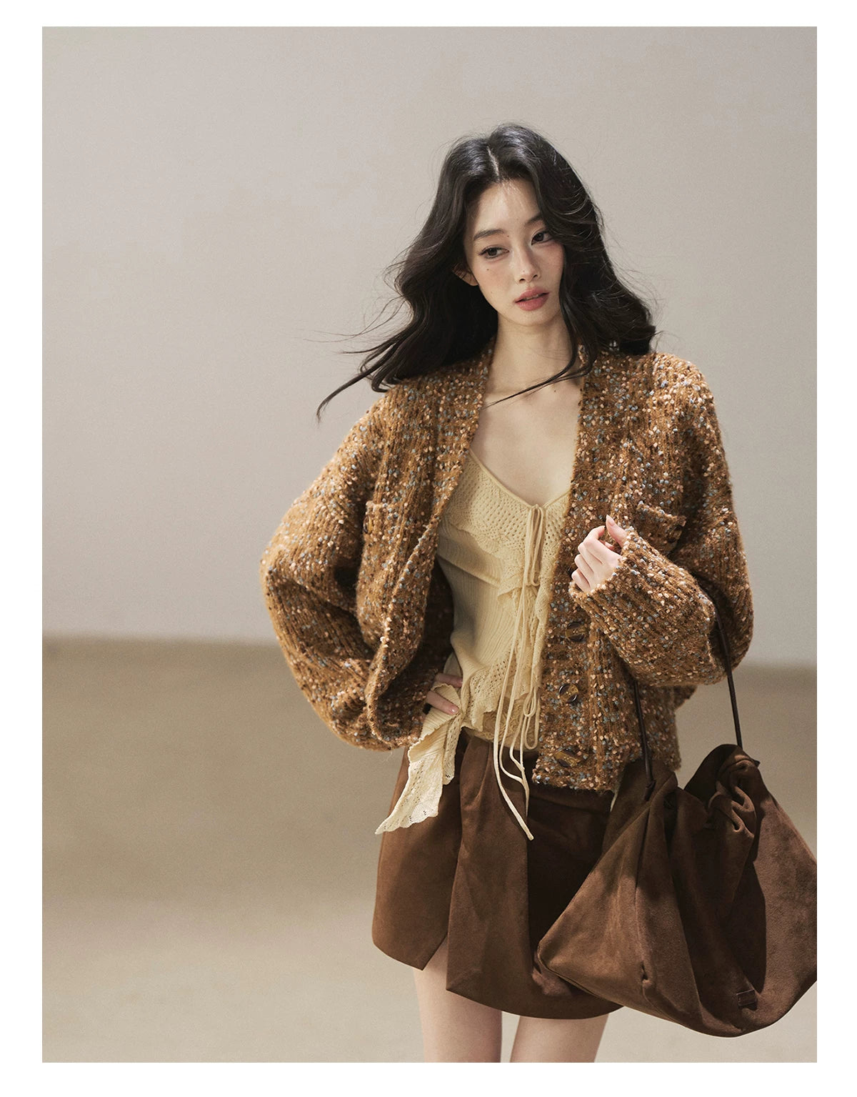 AOMALM - "The Gap of Light" Cheese Yellow Korean Ruffle Lace-Trim Knit Cardigan