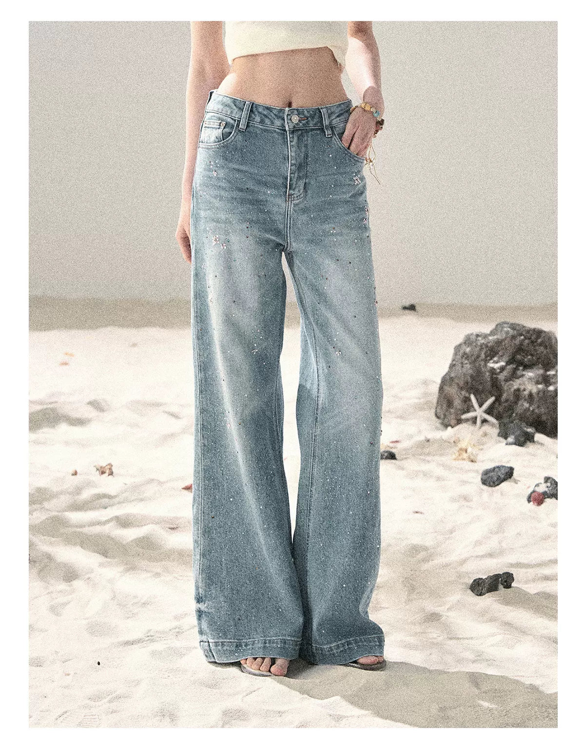"Starlit River Shimmer" Distant Sky Blue Rhinestone Wide-Leg Jeans 65633
