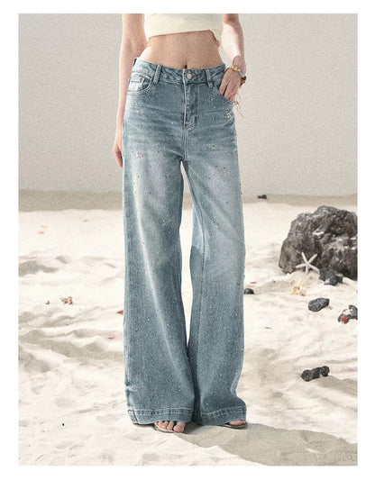 "Starlit River Shimmer" Distant Sky Blue Rhinestone Wide-Leg Jeans 65633