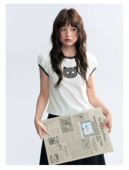 "Hide and Seek" Ivory Cat Patchwork Embroidered Puff Sleeve T-Shirt