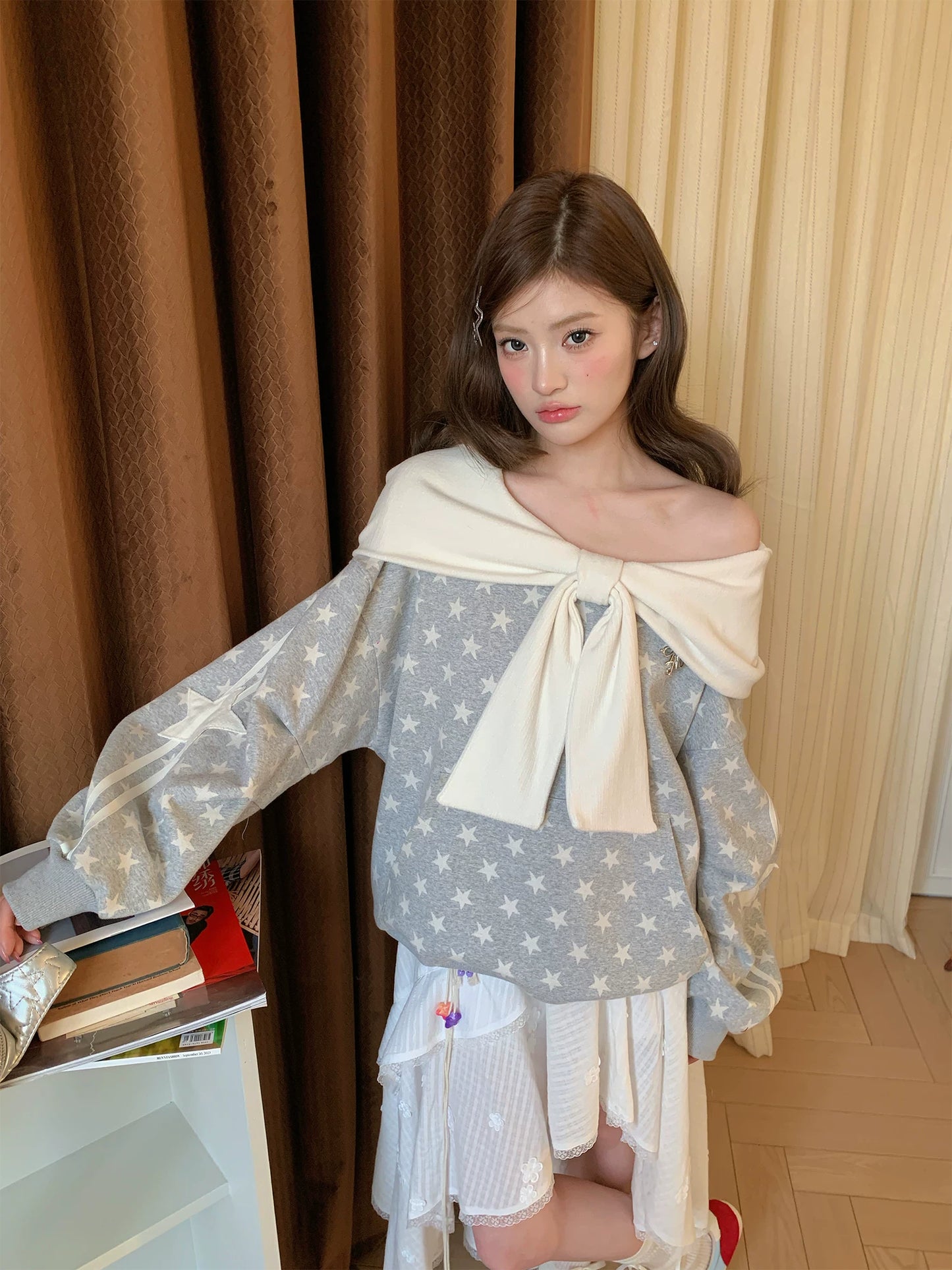 “Starlit Ribbon Reverie” Grey Off-Shoulder Hoodie