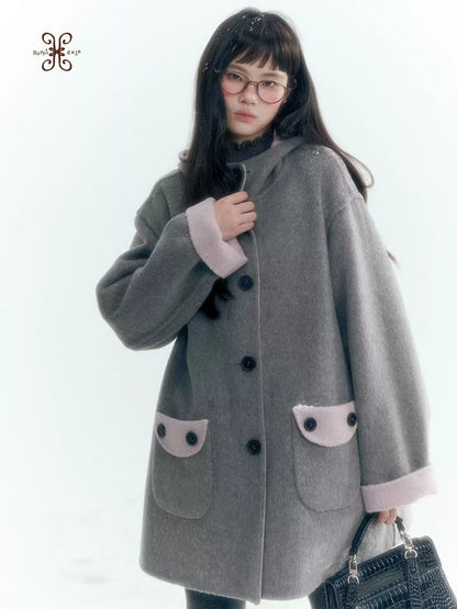 Horridale - Purple and Gray Reversible Hooded Wool Coat