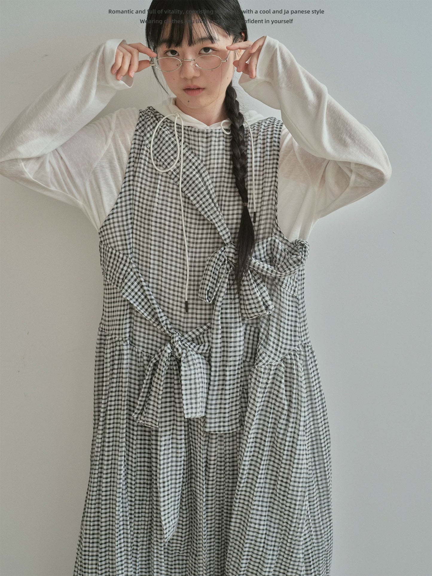 "Heritage Ribbon" Black & White Plaid Plaid Bow Maxi Dress