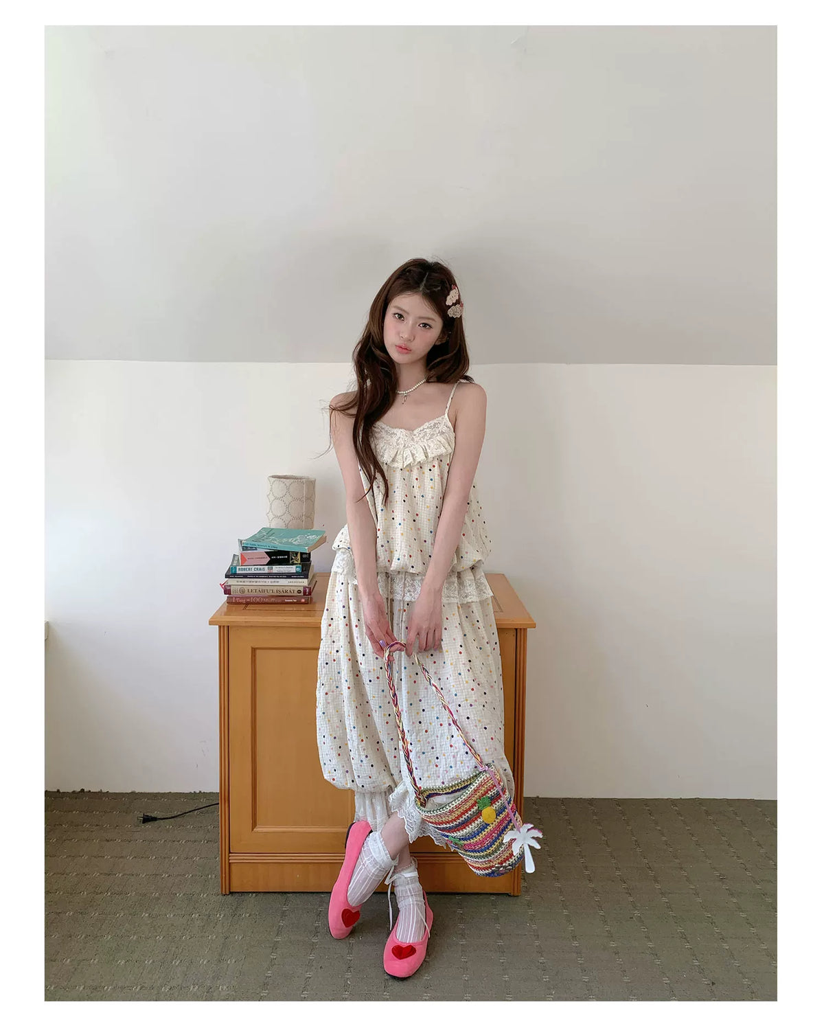 [RF] “Milk Cloud” Ivory Rainbow Polka Dot Bloom Pants Set
