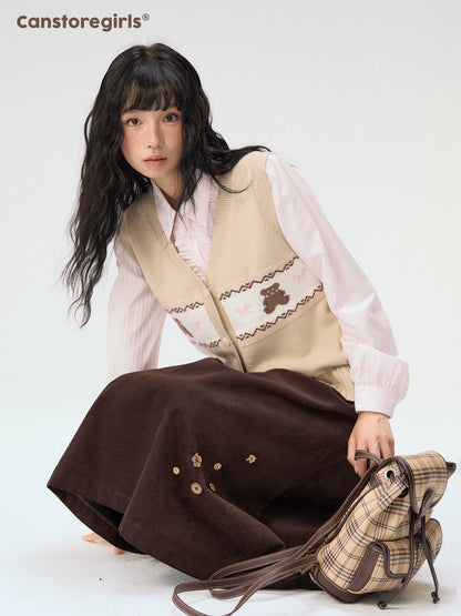 [CAN] "Bear Waltz" Brown Bow Jacquard Knit Vest