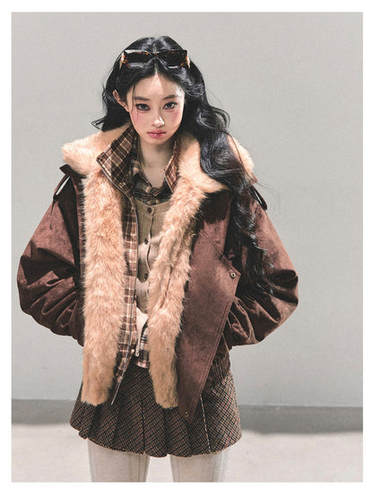 少也眼 "Endless Freedom" Detachable Faux Fur Layered Brown Jacket